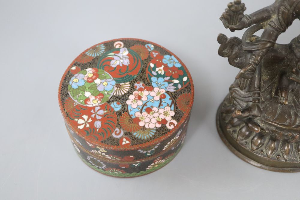 A Japanese cloisonne box and cover and a bronze of Kali, height 16cm